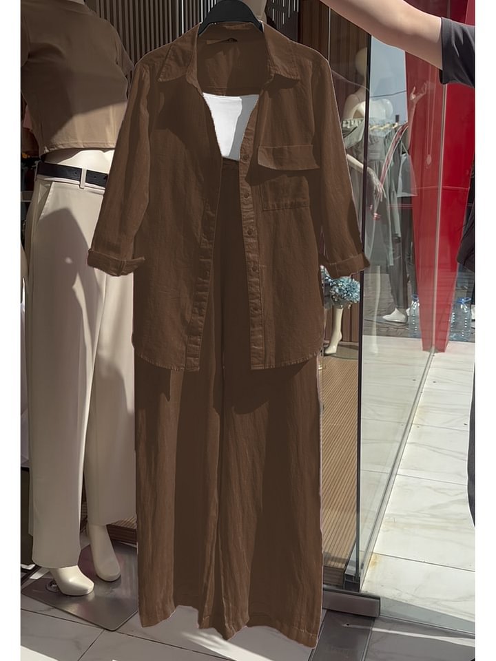 Women's 2-Piece Cotton-Linen Shirt and High-Waist Wide-Leg Pants Set