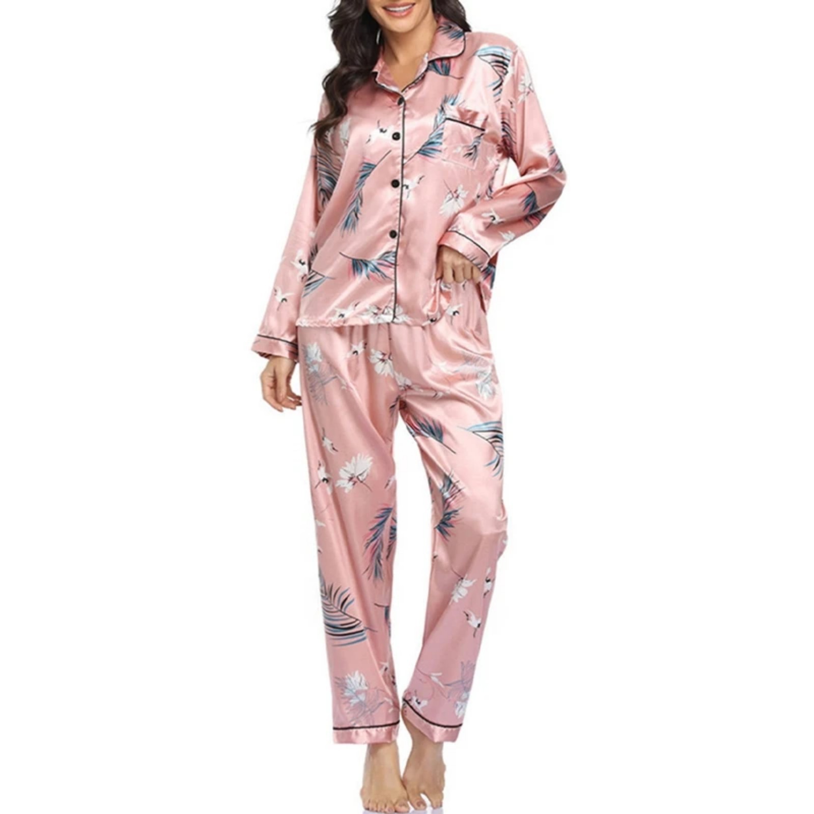 Women's Cuban Collar Polka Dot Leopard Moon Print Long Sleeve Loungewear Set