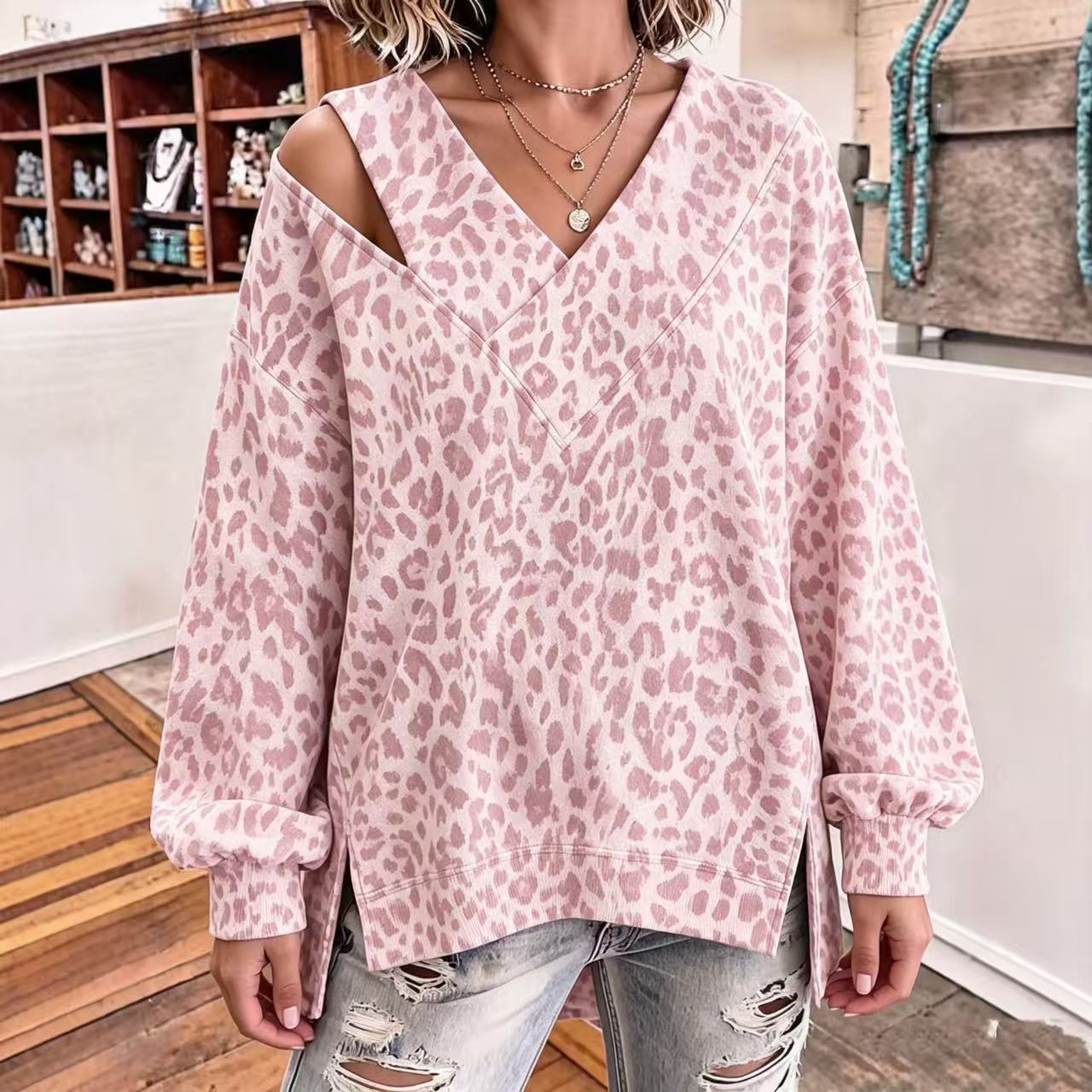 Leopard Print Off-Shoulder V-Neck Long-Sleeve Loose Top