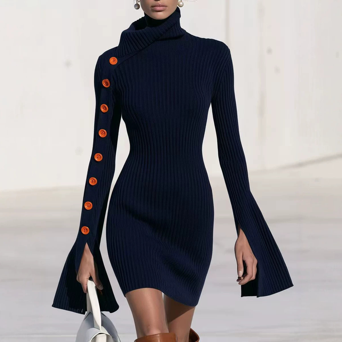 Slim-Fit Ribbed Button-Accent A-Line Dress