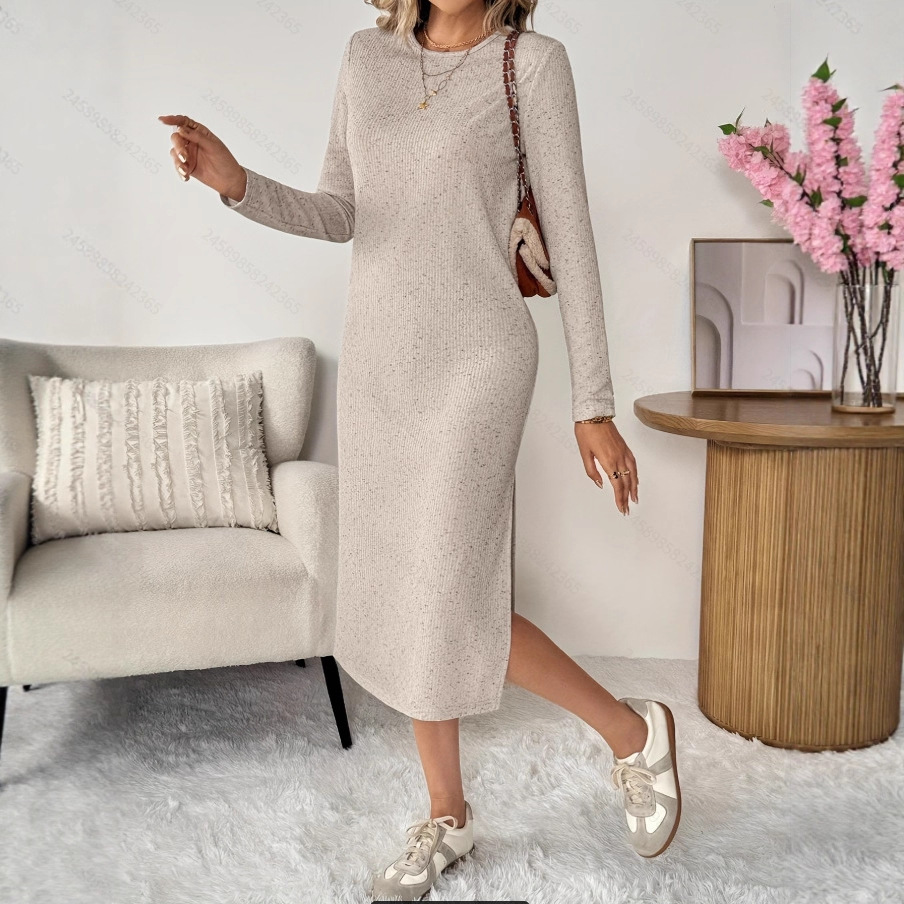 Women's Casual Slit Long Sleeve Knit Midi Dress Beige