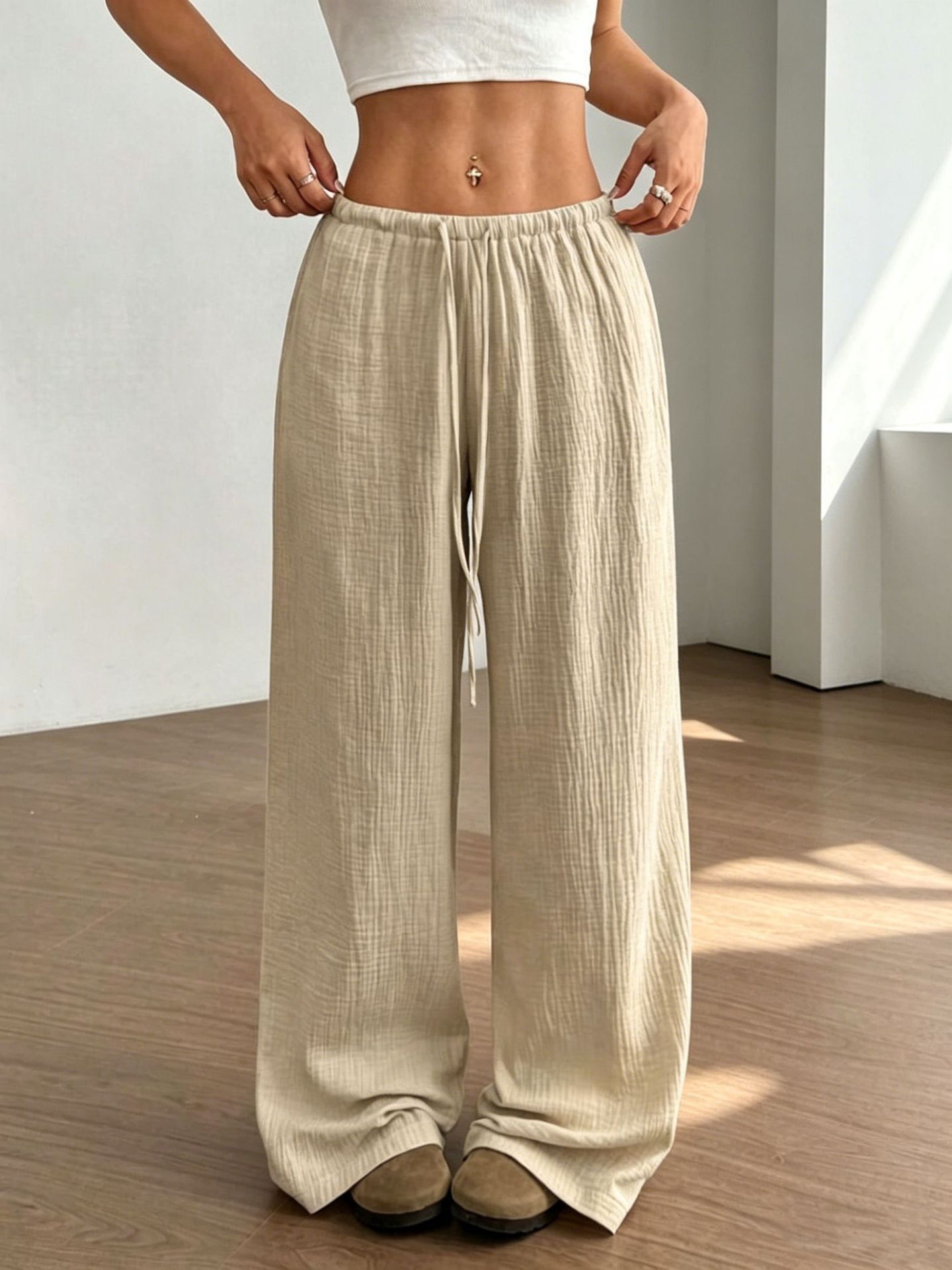 Women's High-Waist Wide-Leg Pants with Drawstring, Solid Color, Polyester Blend