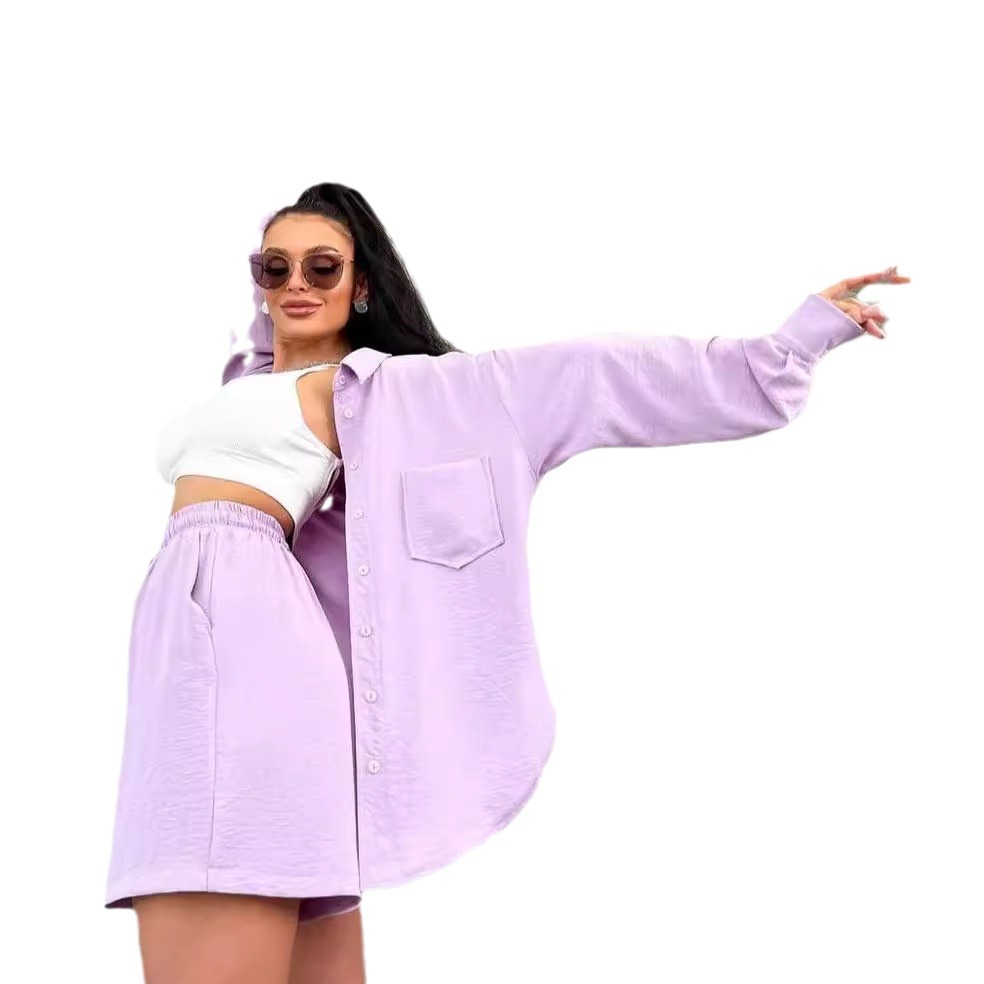 Women's Solid Color Button-Front Long-Sleeve Shirt and Shorts Set Relaxed Casual