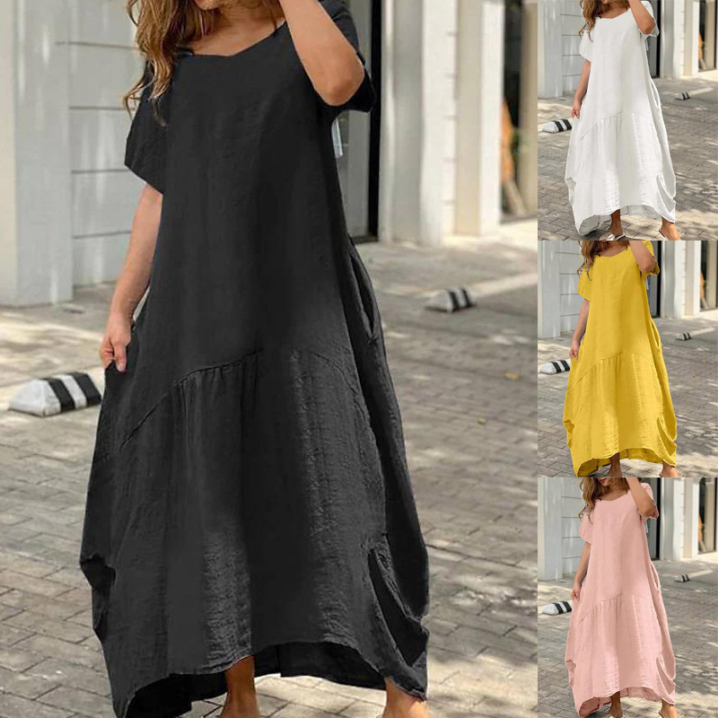 Women's Loose Cotton Linen Long Dress Casual Round Neck Short Sleeve