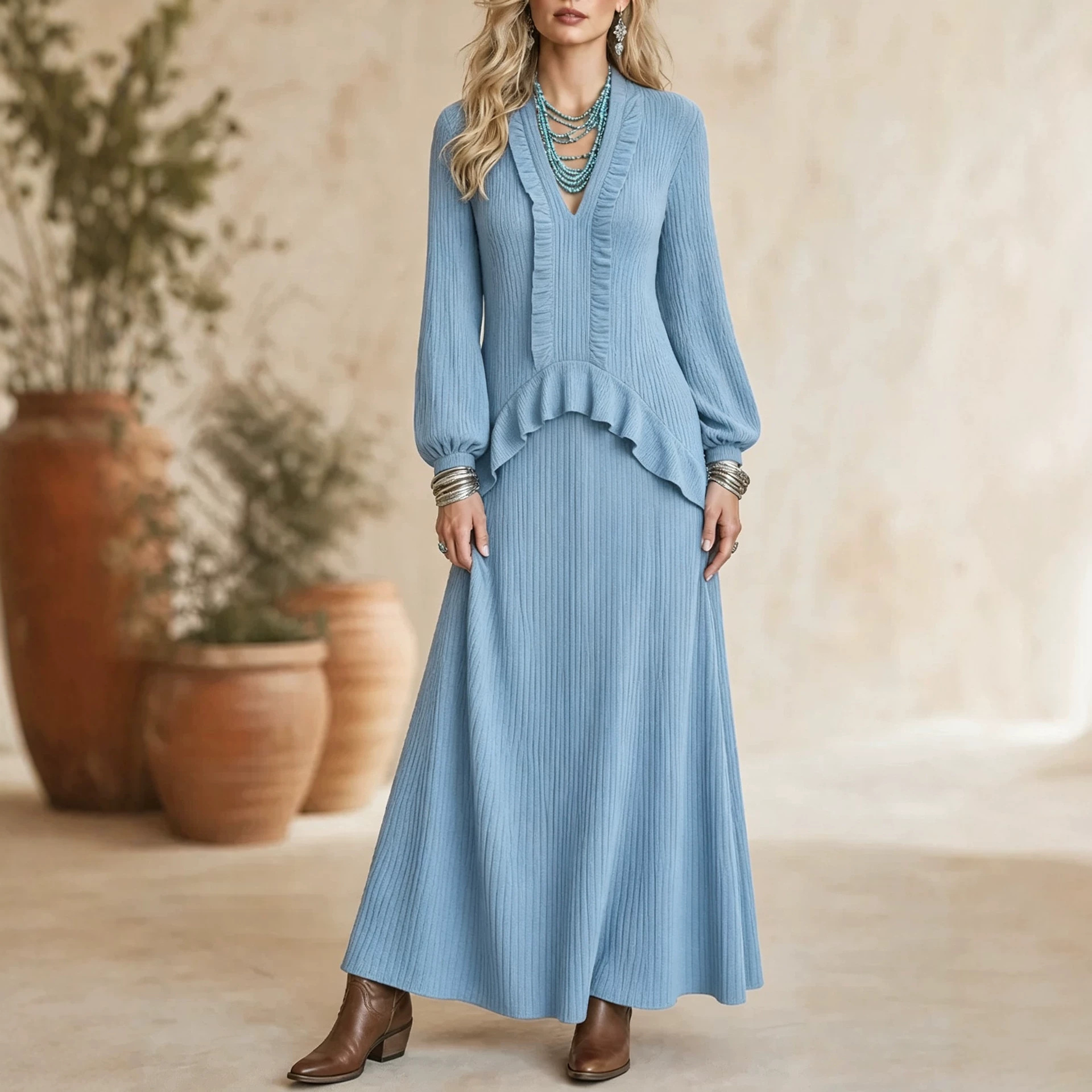 V-Neck Pleated Ruffle Lantern Sleeve Loose Long Dress
