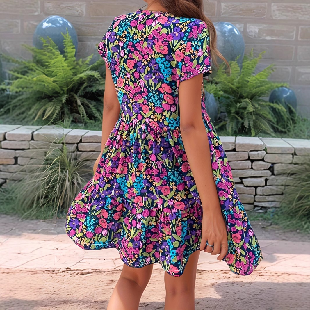 Colorful Floral V-Neck Mini Dress with Flutter Sleeves and Fit-and-Flare Skirt