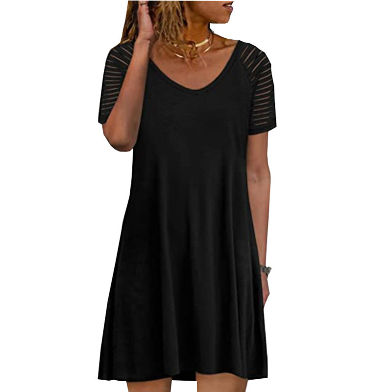 Women's Casual V-Neck Short Sleeve Striped Sheer Mesh Midi Dress