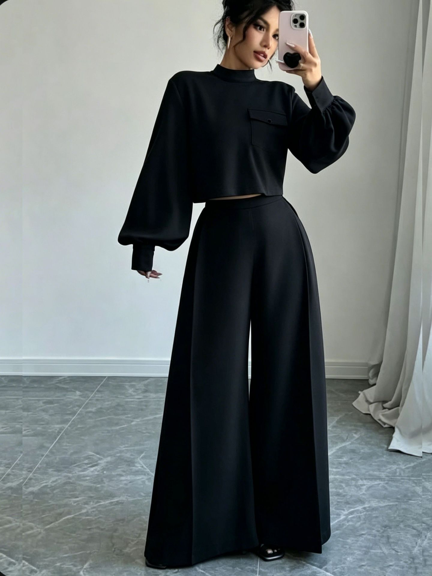 Women's Solid Wide-Leg Pants Set with Lantern-Sleeve Crop Top