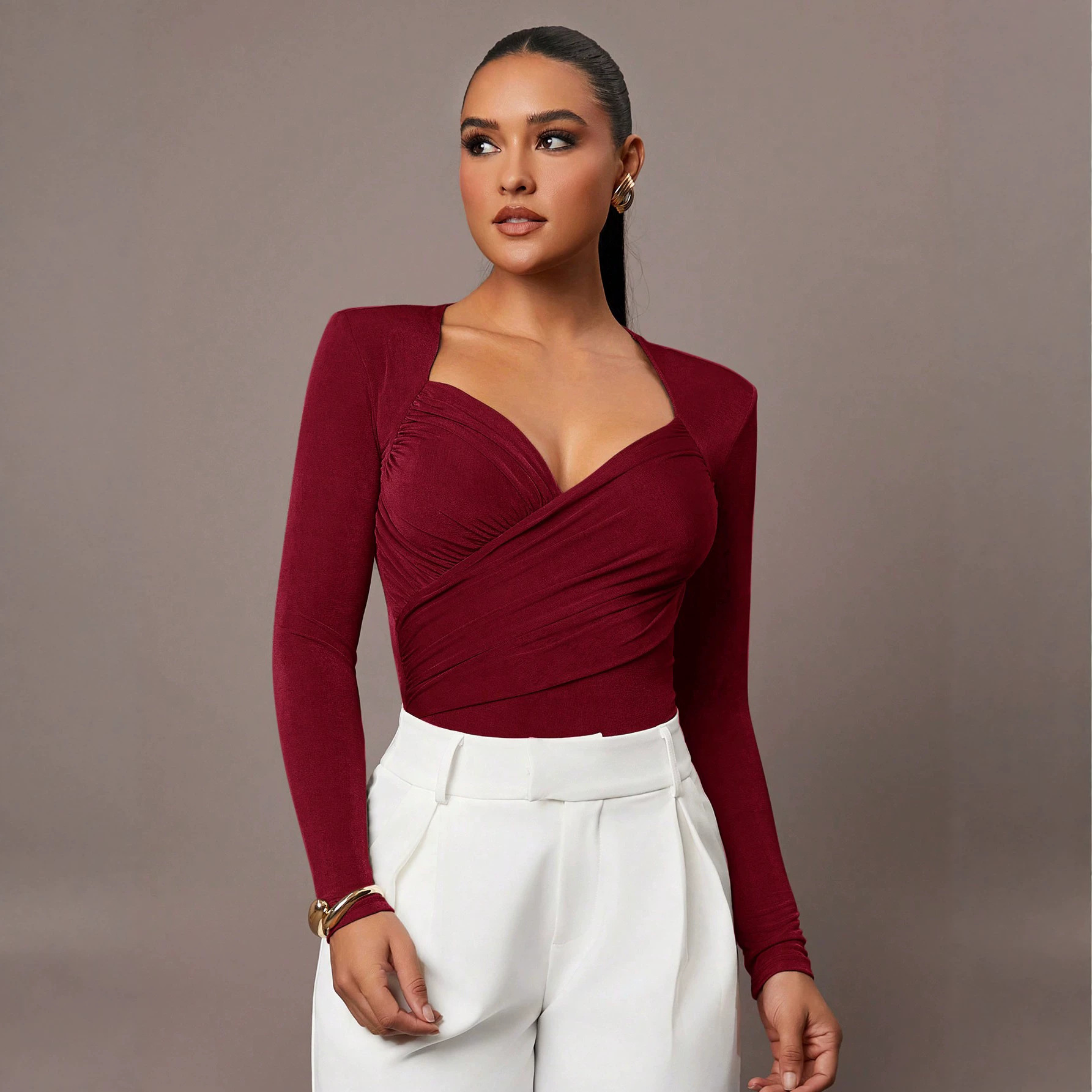 Velvet V-Neck Cross Ruched Slimming Bodysuit