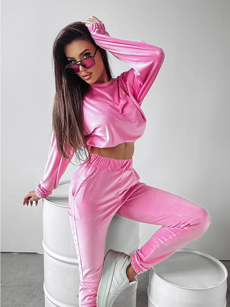 Women's Solid Color Long Sleeve Round Neck Fitted Hoodie and Jogger Two-Piece Set