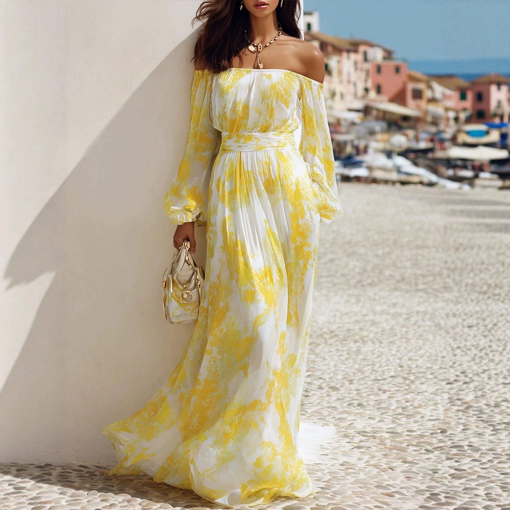 Floral Chiffon Off-Shoulder Long-Sleeve Midi Dress with Waist Tie