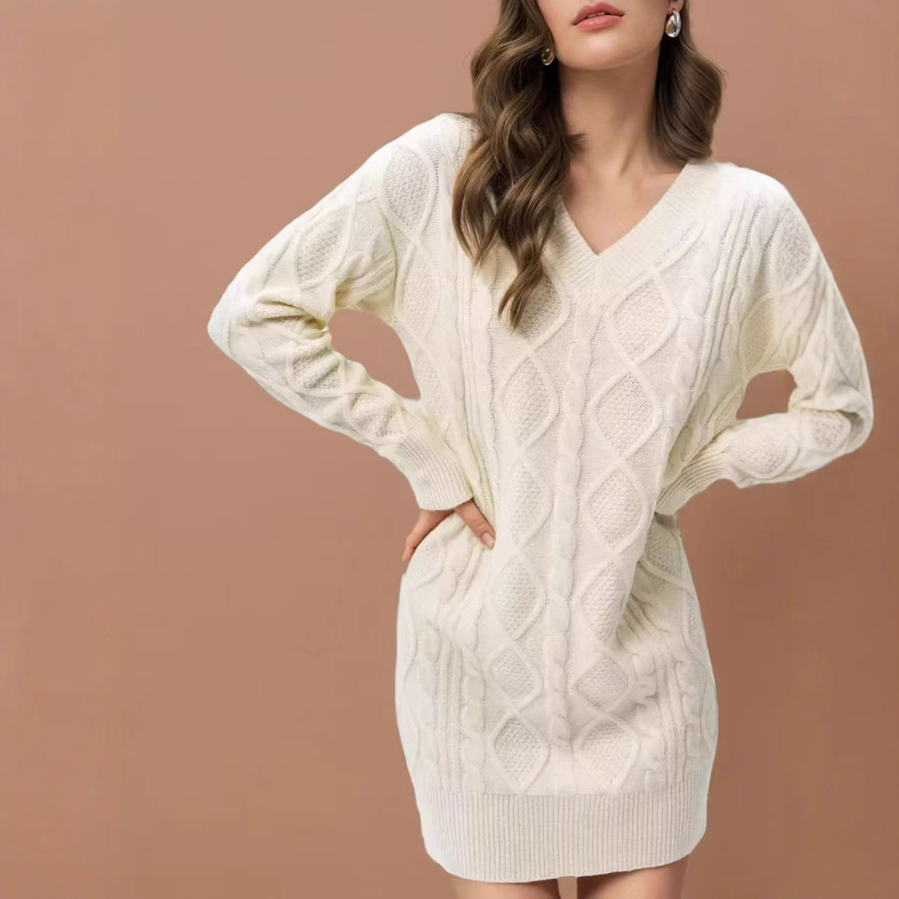 V-Neck Cable-Knit Midi Sweater Dress Solid Color