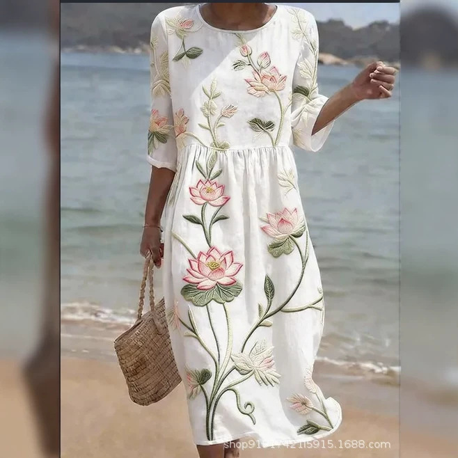 Women's Floral Print Ruched Midi Dress with Half Sleeves