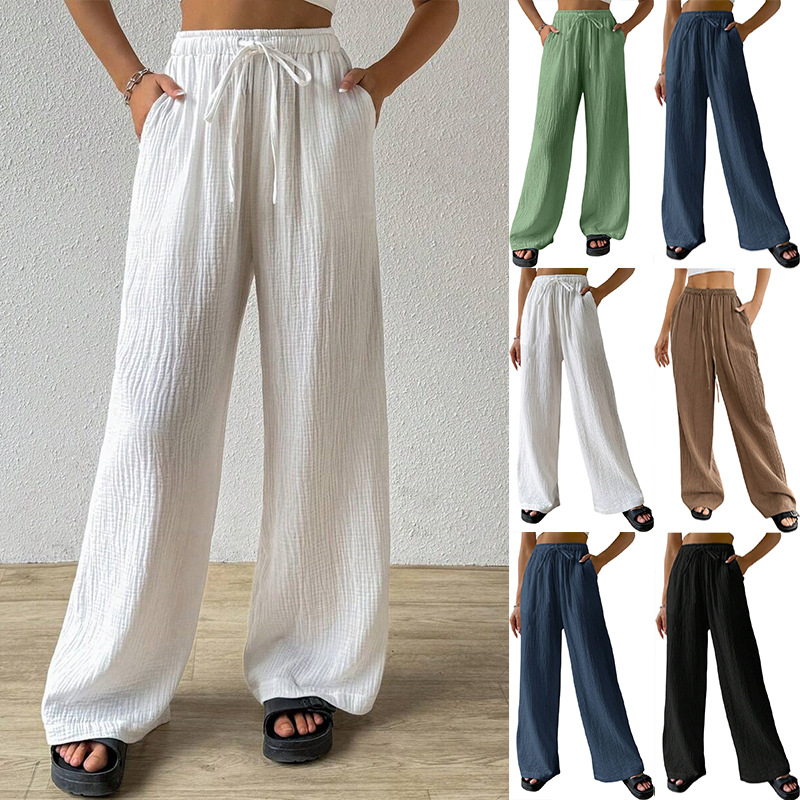 Cotton-Linen Crinkled Wide-Leg Lounge Pants for Women, Loose Solid Color