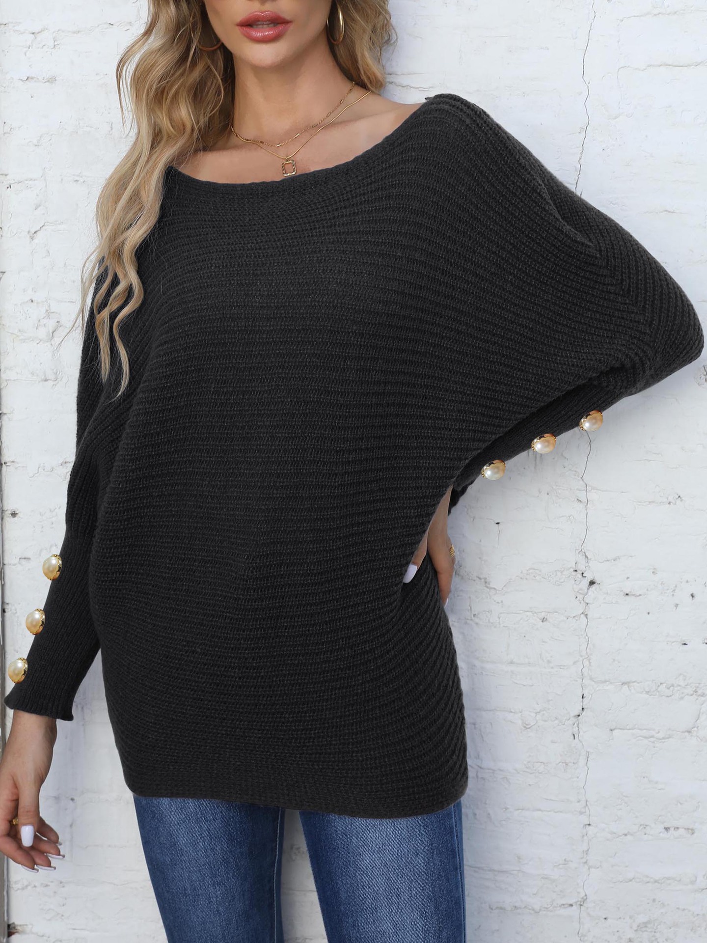 Women's Pearl Button Batwing Sleeve Off-Shoulder Knit Sweater