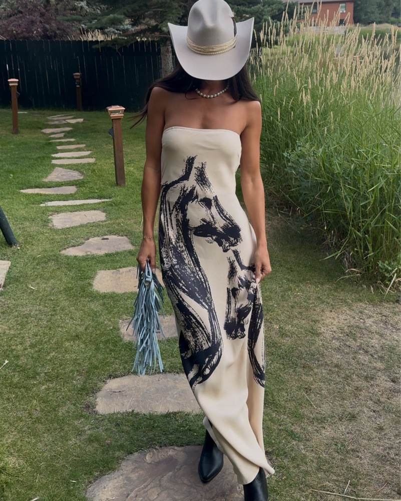 Abstract Print Strapless Sleeveless Zip-Front Long Bodycon Dress