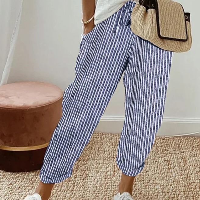 Striped Casual Pants Women Loose Elastic Waist