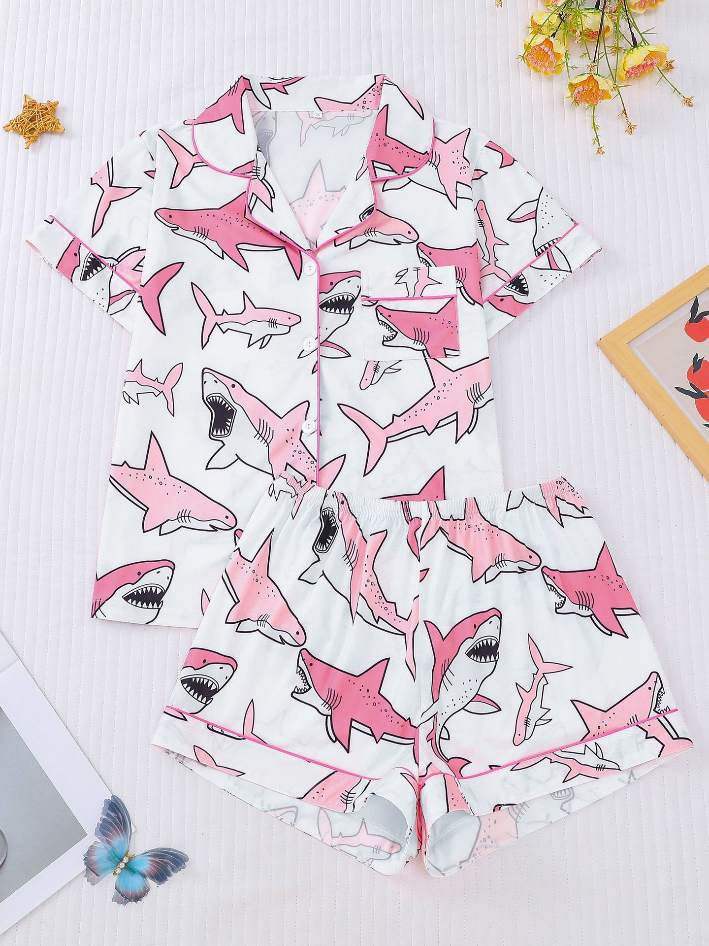 Women's Cuban Collar Shark Print Short Sleeve Shirt Set