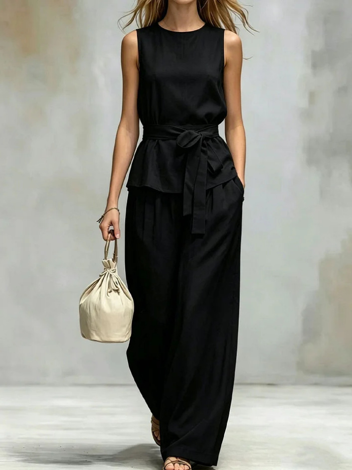 Women's Sleeveless Top and Belted Pants Two-Piece Set