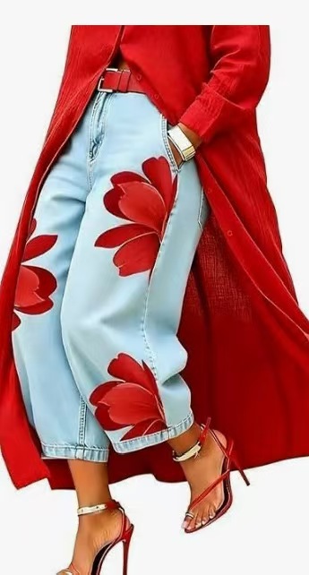 Yellow Long Shirt Jacket & Floral Wide-Leg Jeans Set