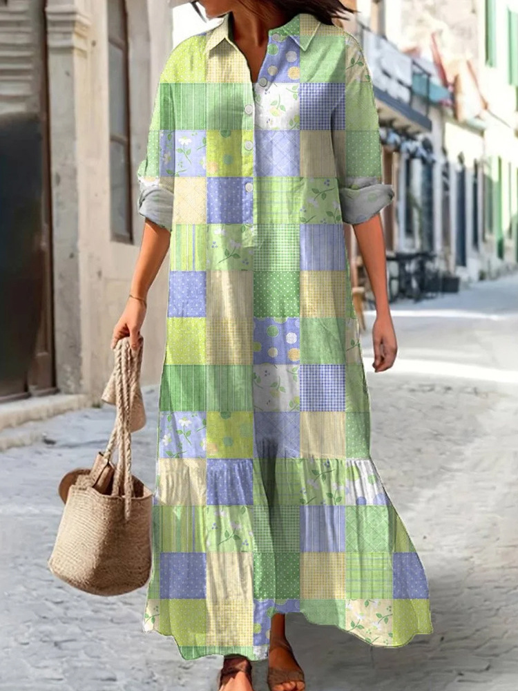 Women's Casual Long Sleeve Collared Digital Print Shirt Dress