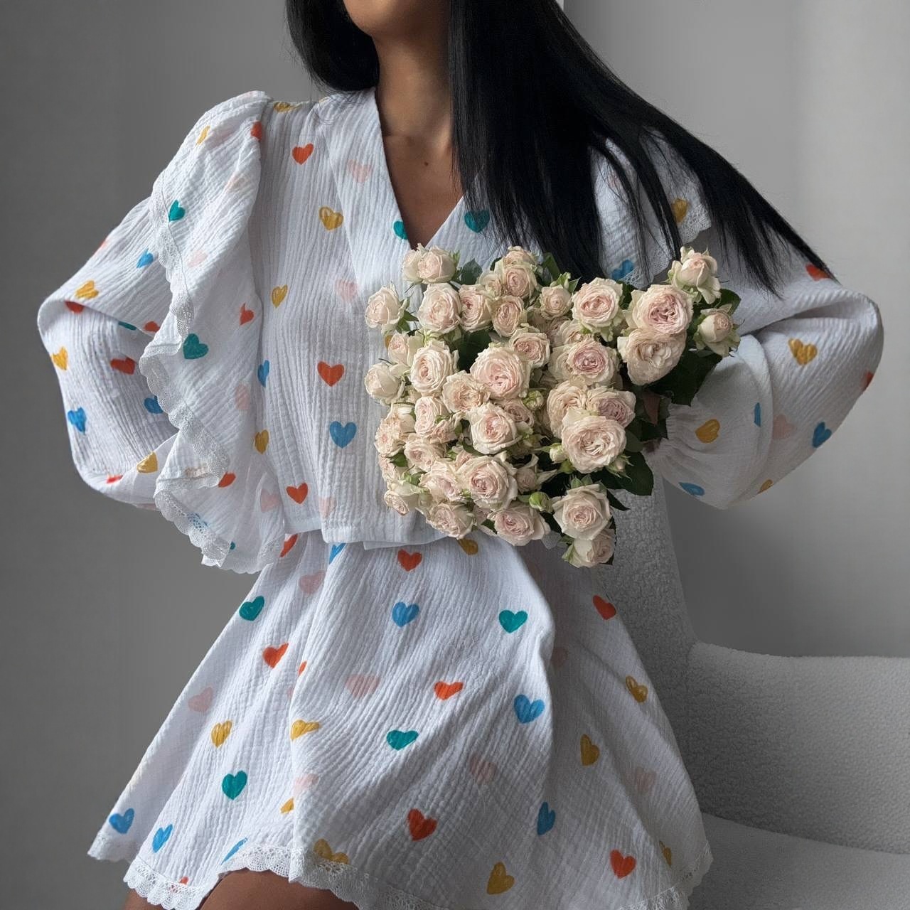 Heart Print Puff Sleeve Lace-Up Short Shirt and Sweet Skirt Set