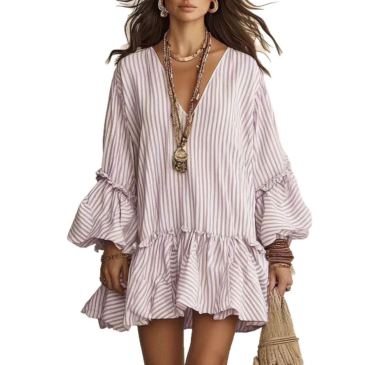 Women's Striped Print V-Neck Lantern Sleeve Loose A-Line Short Dress