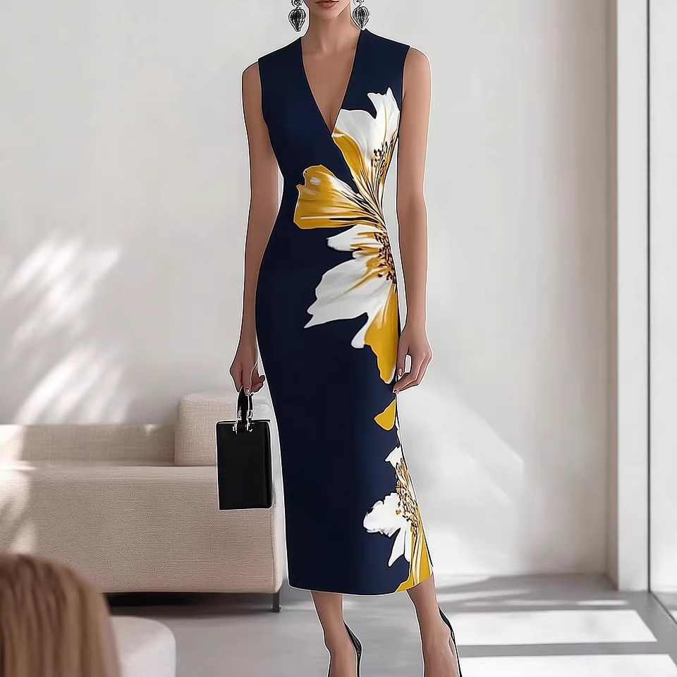 V-Neck Sleeveless A-Line Maxi Dress with Digital Print