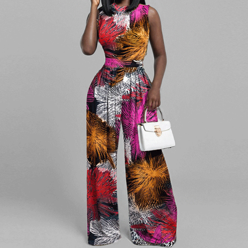 Women's Printed Sleeveless Round Neck Wide-Leg Jumpsuit