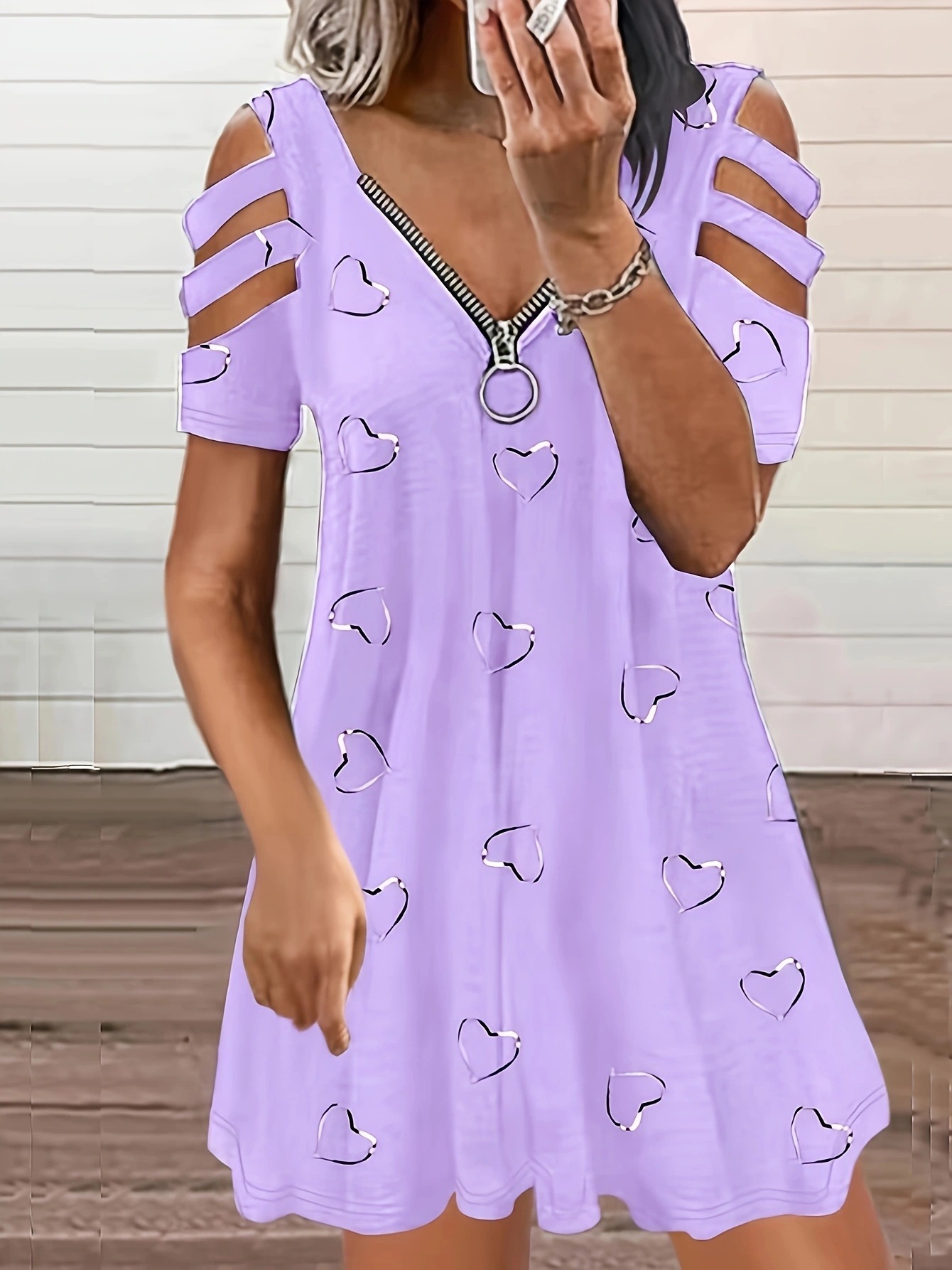 V-Neck Zip Short-Sleeve Printed Off-Shoulder Loose Casual Dress