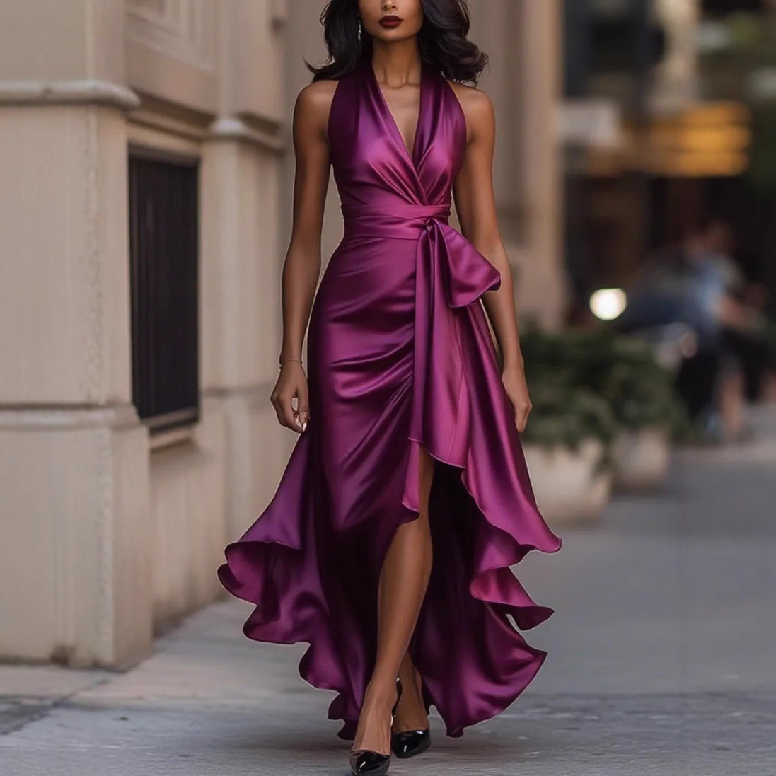 Elegant V-Neck Ruffle Sleeveless Midi Dress