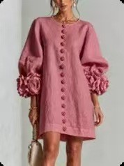 French 3D Floral Lantern Sleeve Cotton Linen Dress Round Neck Button Front Loose Short