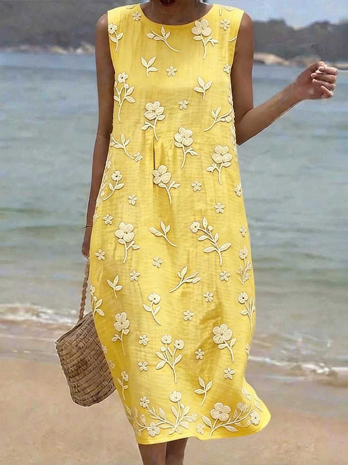 Women's Vintage Patterned Sleeveless Midi Dress