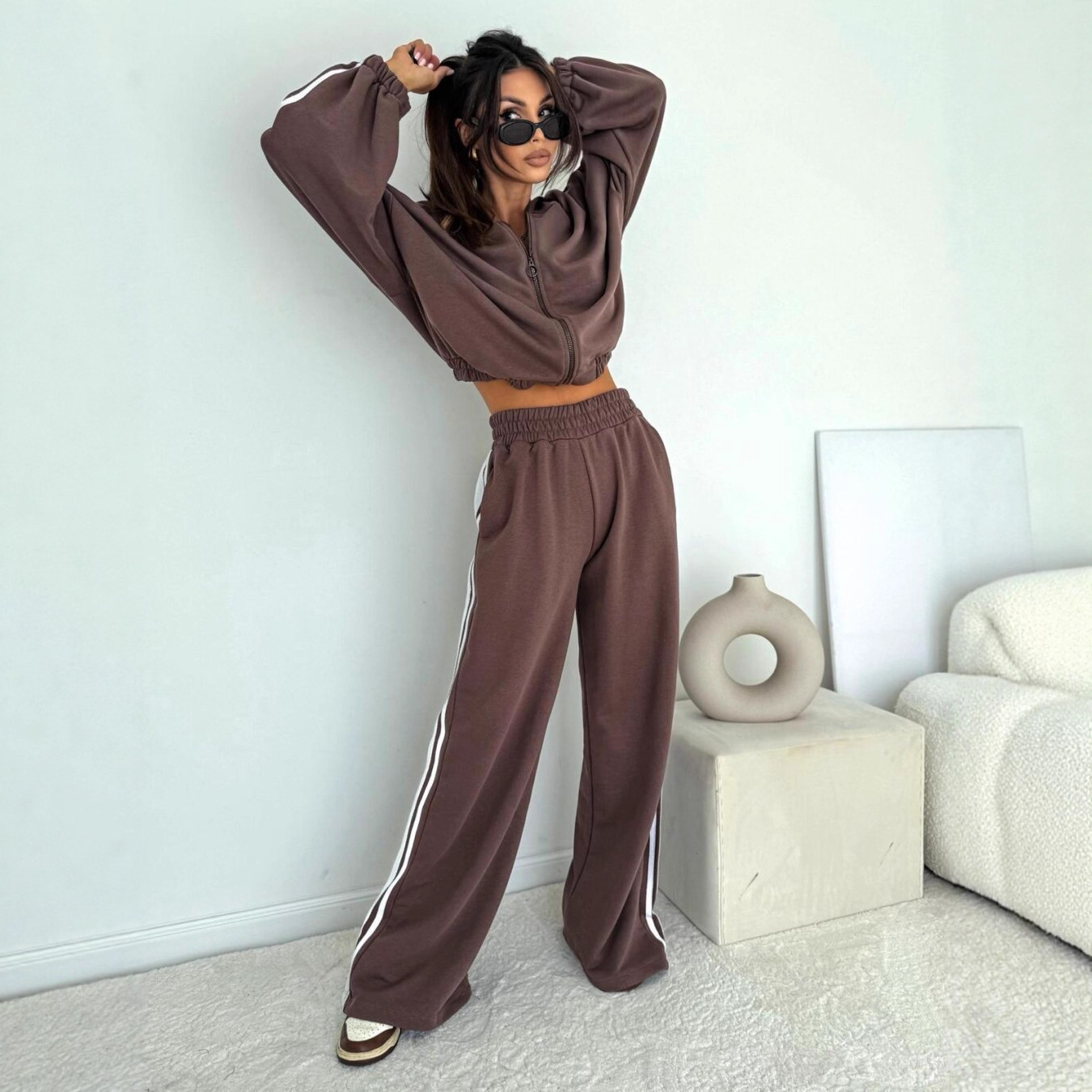 Women's Striped Hooded Cardigan Sweatshirt and Pants Two-Piece Set Long Sleeve