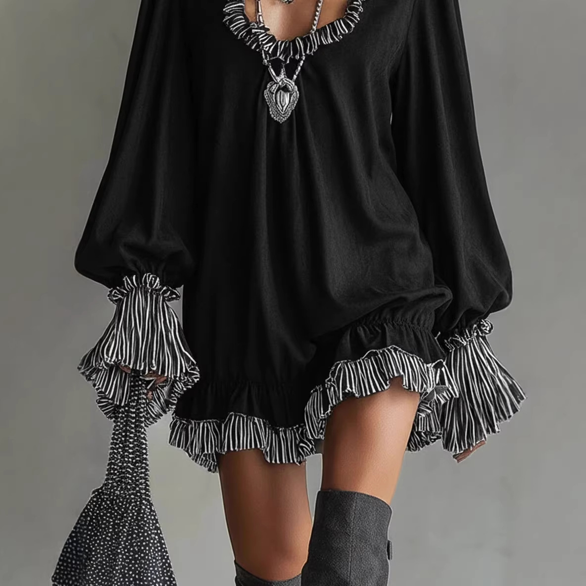 Black Ruffle-Trim Princess Dress Slimming Short A-Line