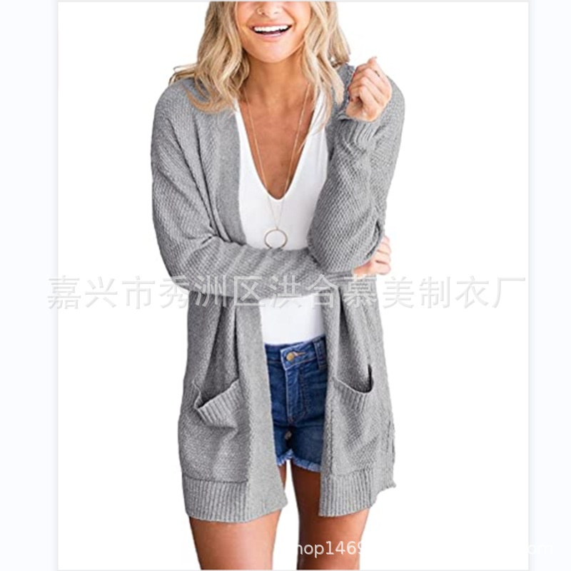 Women's Loose Knit Cardigan Solid Color Pocket Midi Sweater Coat