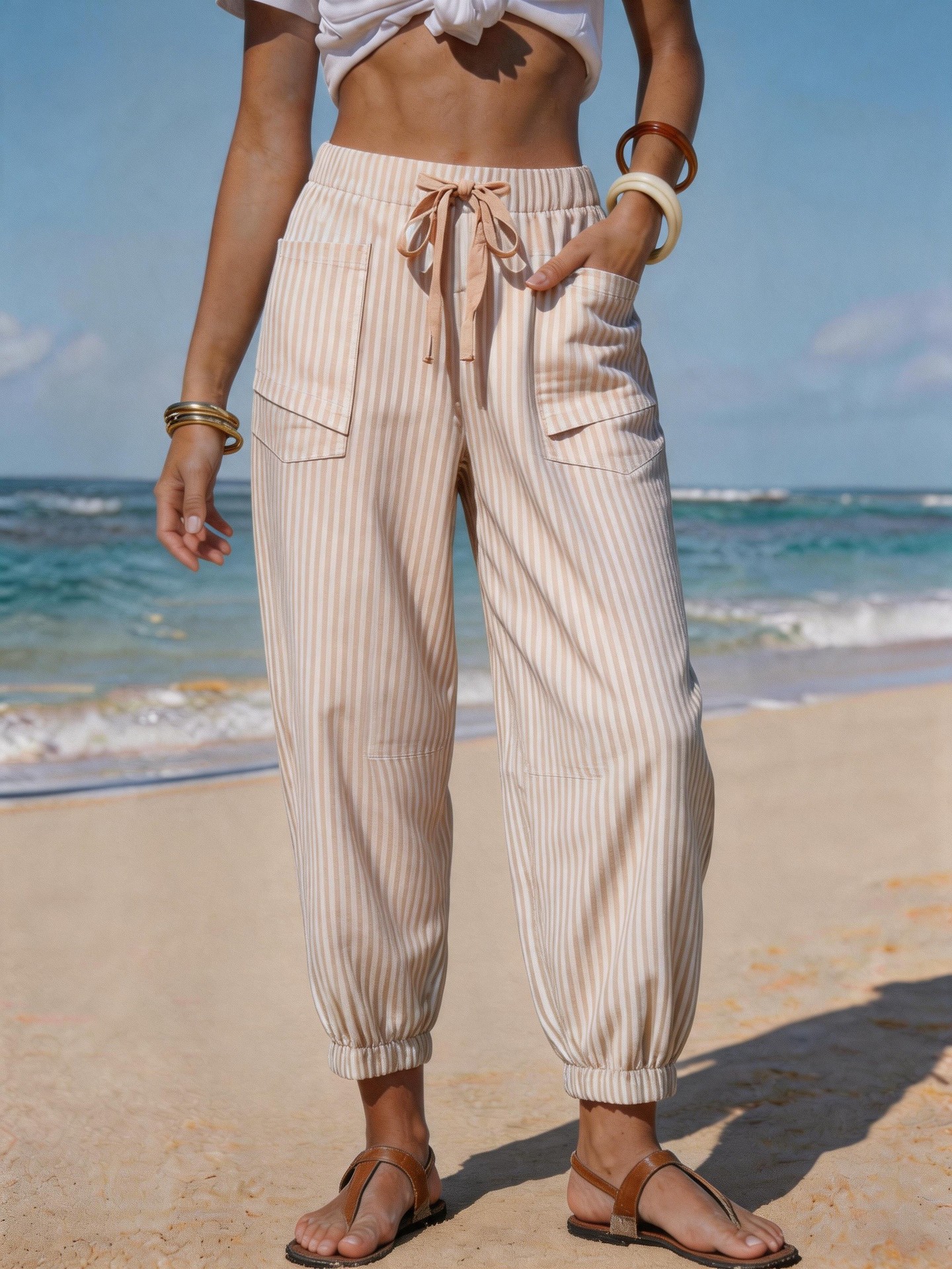 Women's Striped Linen-Like Cropped Pants with Drawstring and Pockets