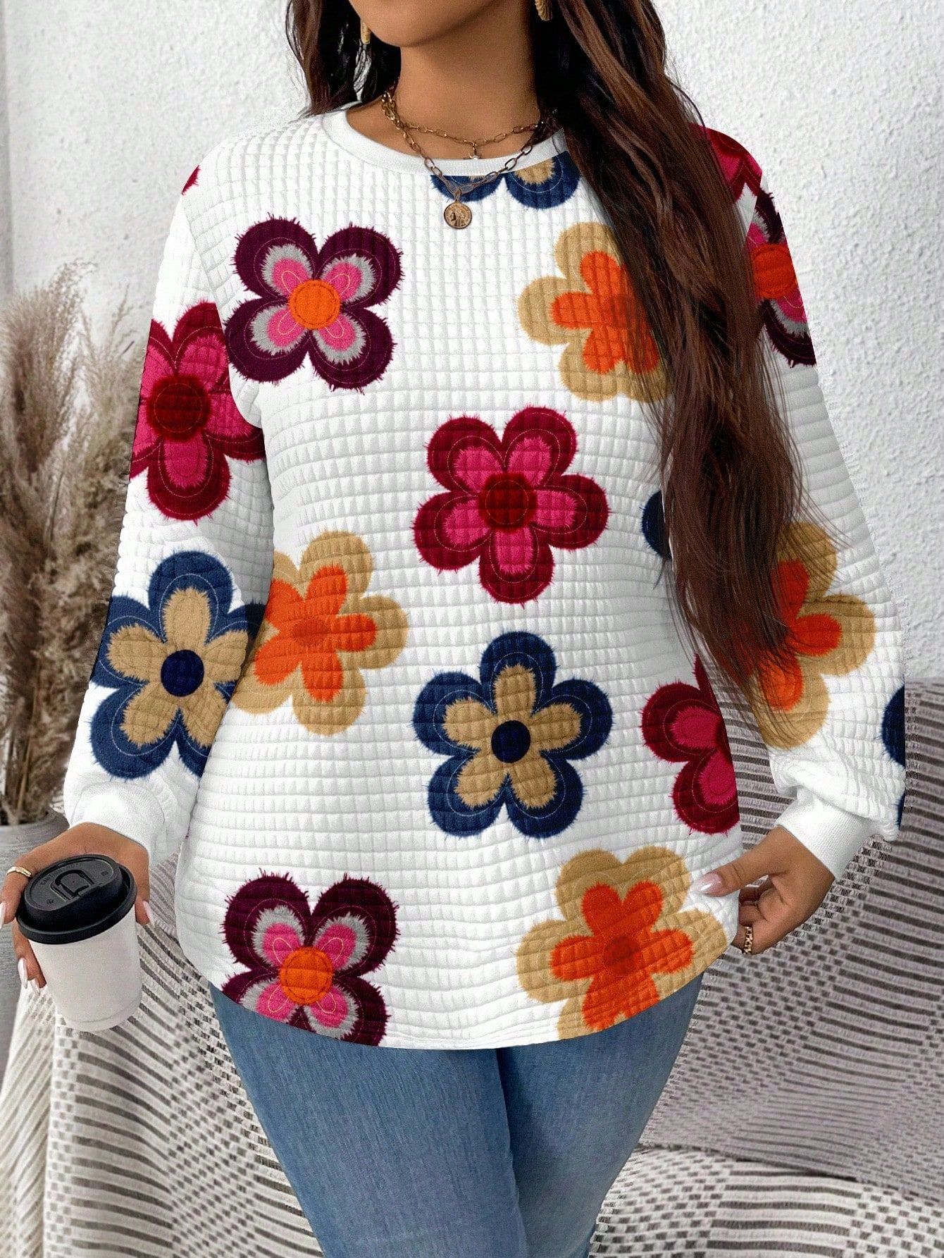 Waffle Knit Heart Print Crewneck Sweatshirt for Women
