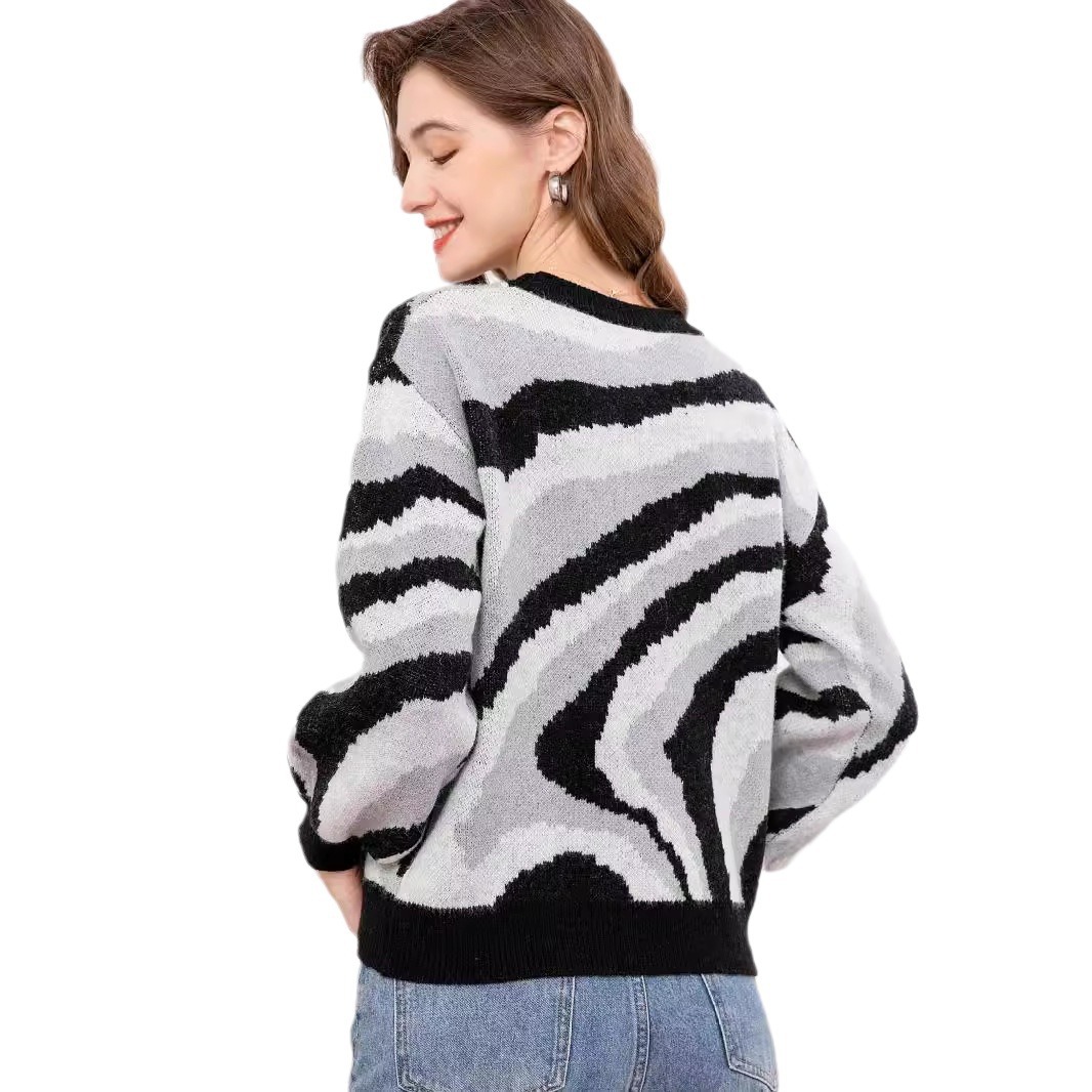 Women's Plus Size Zebra Print Knit Sweater Crewneck Long Sleeve Pullover