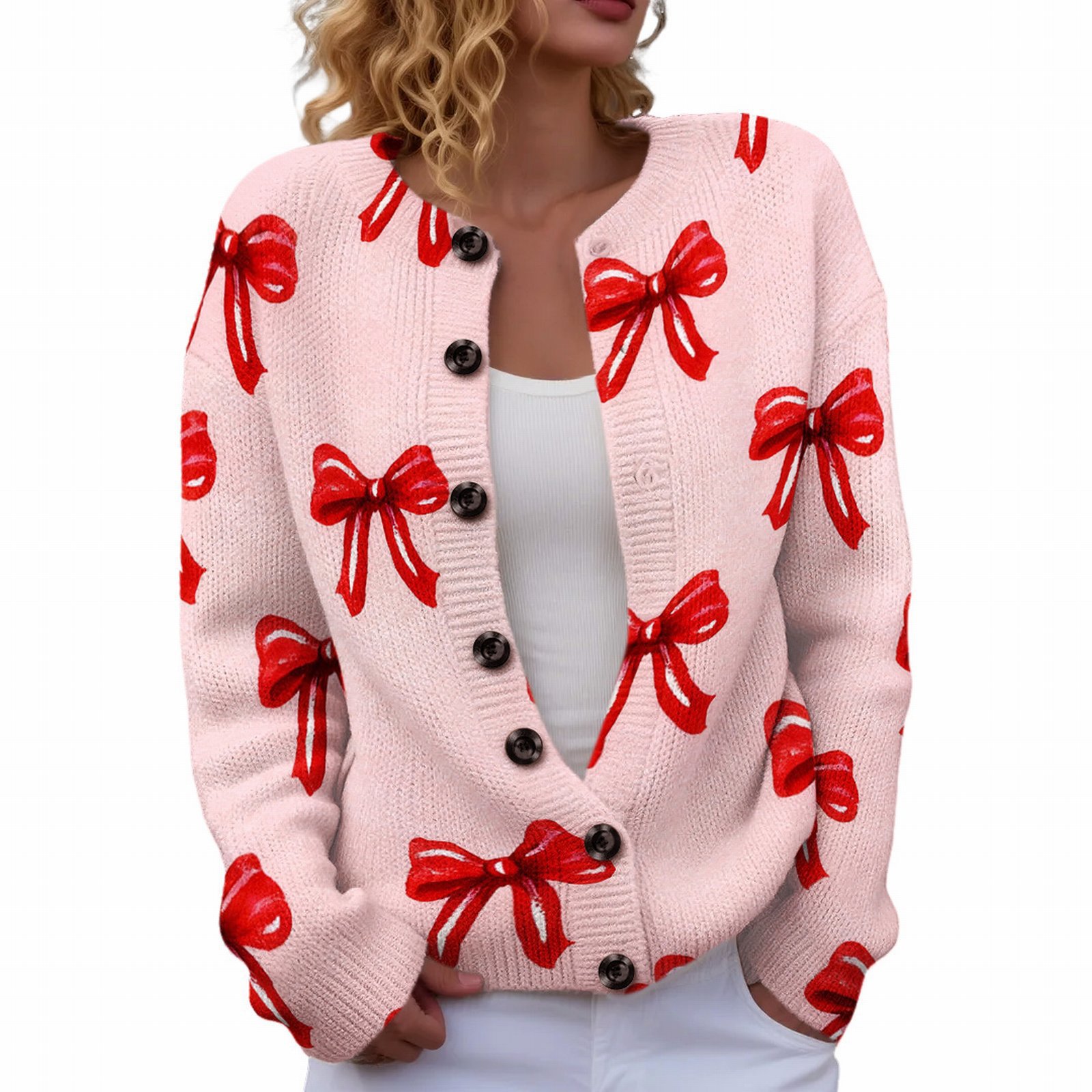 Women's Heart Ribbon Bow Cherry Print Cardigan