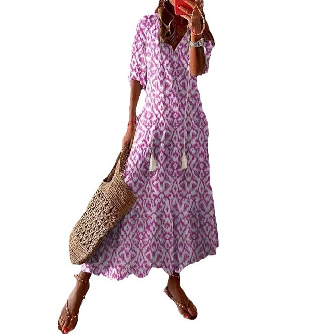 Women's Casual V-Neck Printed Tassel Midi Dress Loose A-Line