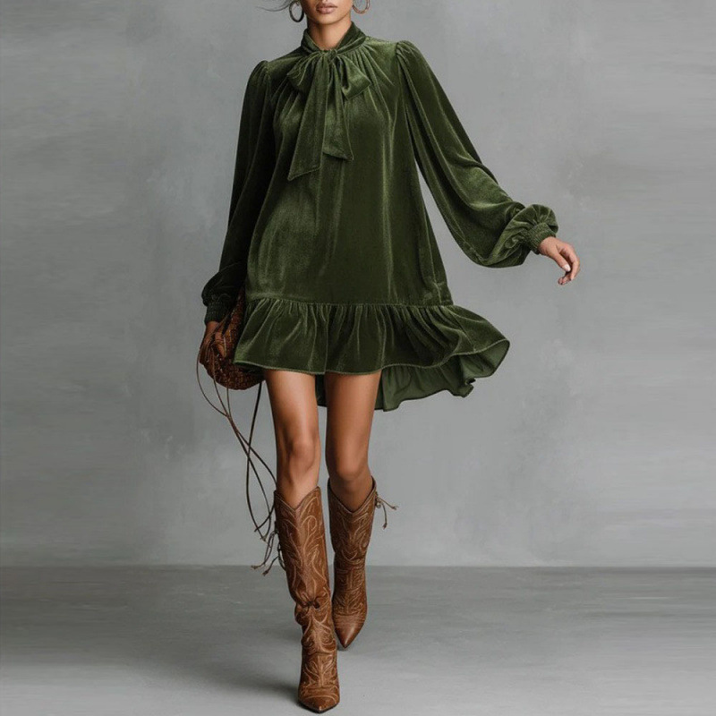Velvet Long Sleeve Bow-Tie Irregular Solid Dress