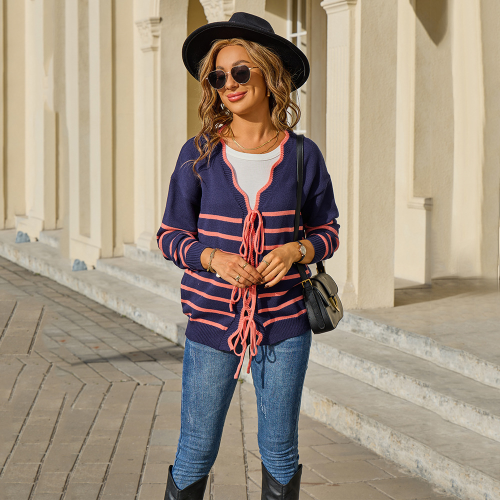 Striped Colorblock Tie-Front Cardigan Sweater Women Loose Fit