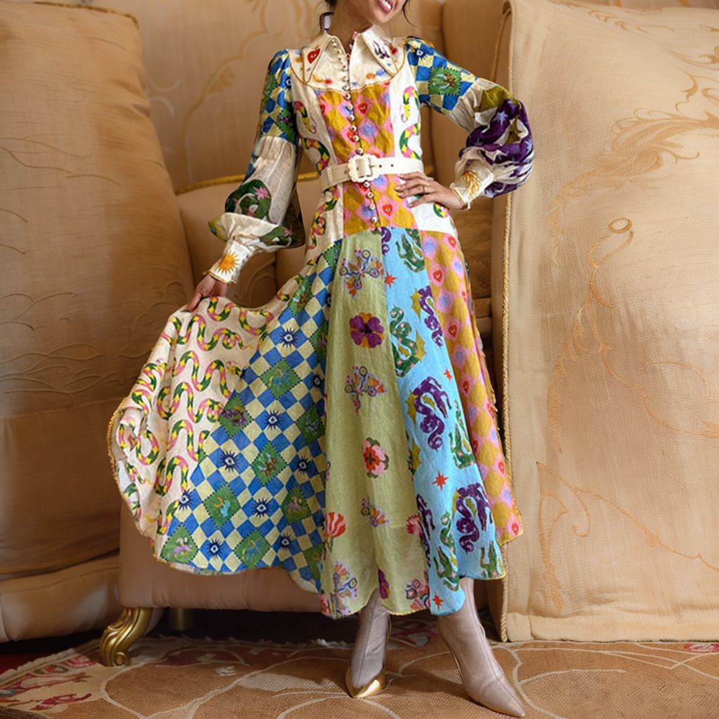Elegant Floral Print Lapel Collar Waist-Cinched Long Dress