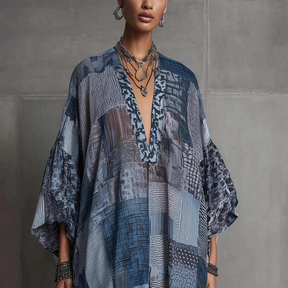Women's Plaid Print Loose Casual Long Dress V-Neck