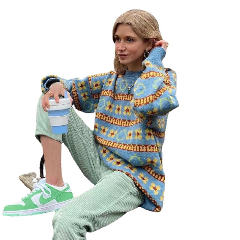 Light Blue Retro Striped Knit Top Women's Loose Long Sleeve Pullover Sweater