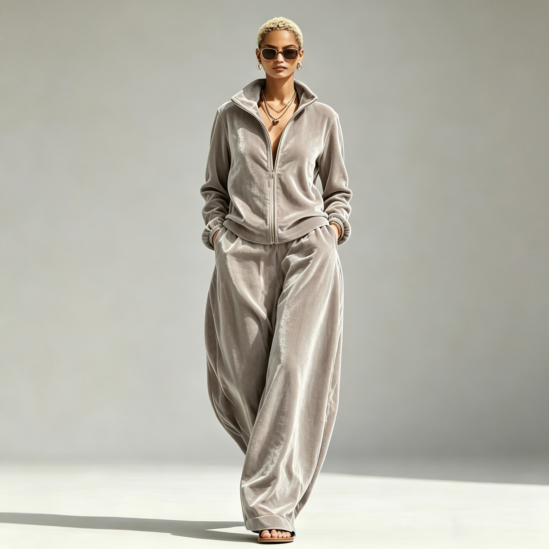 2026 Amazon Independent Site Hot-Selling Women's Autumn/Winter New Casual Stand Collar Gold Velvet Loose Pants Two-Piece Set