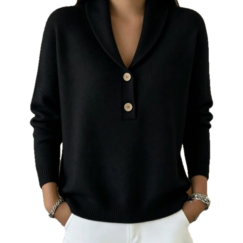 Soft Skin-Friendly Shawl Collar Knit Sweater Women's Two-Button Half-Open Neck Loose Solid Pullover