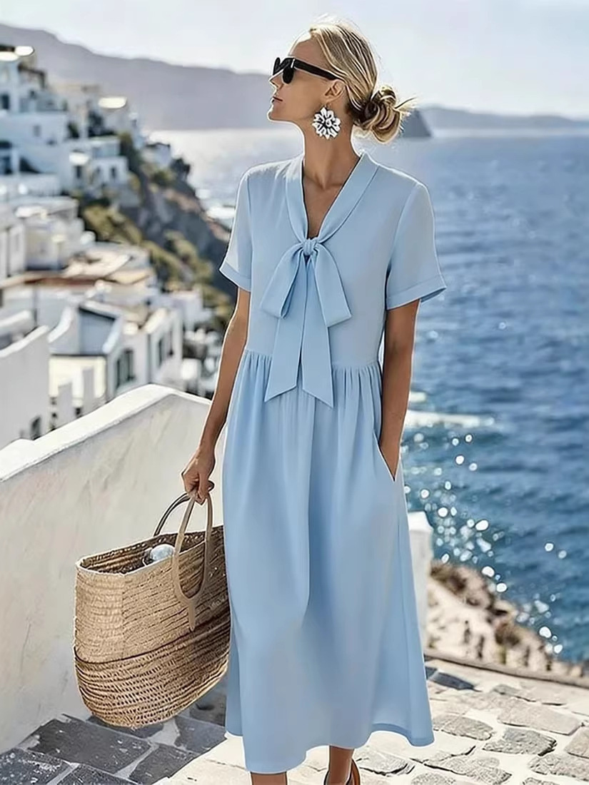 Women's Bow Casual Dress with Minimalist Print