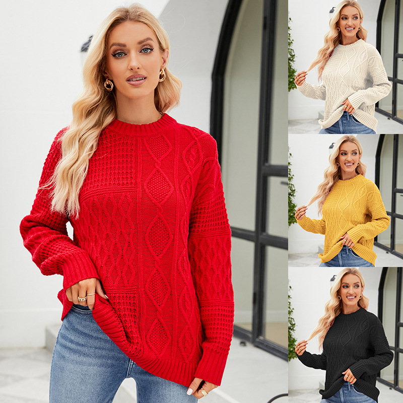 Cable-Knit Solid Crewneck Pullover Sweater Loose Fit
